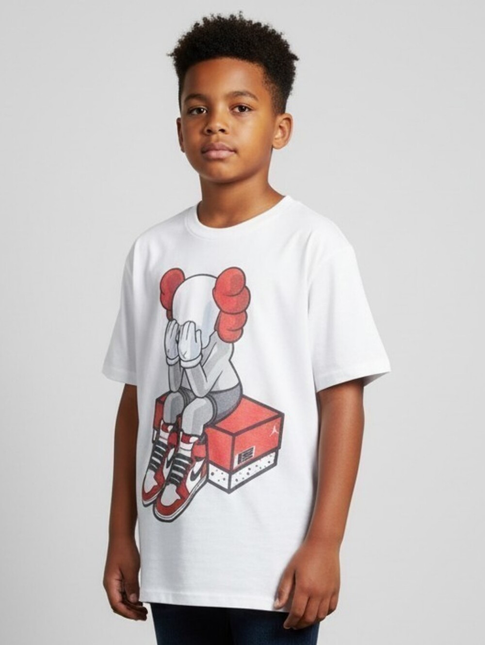 Gildan White Kids Tee with Red Graphic Sneakers Illustration